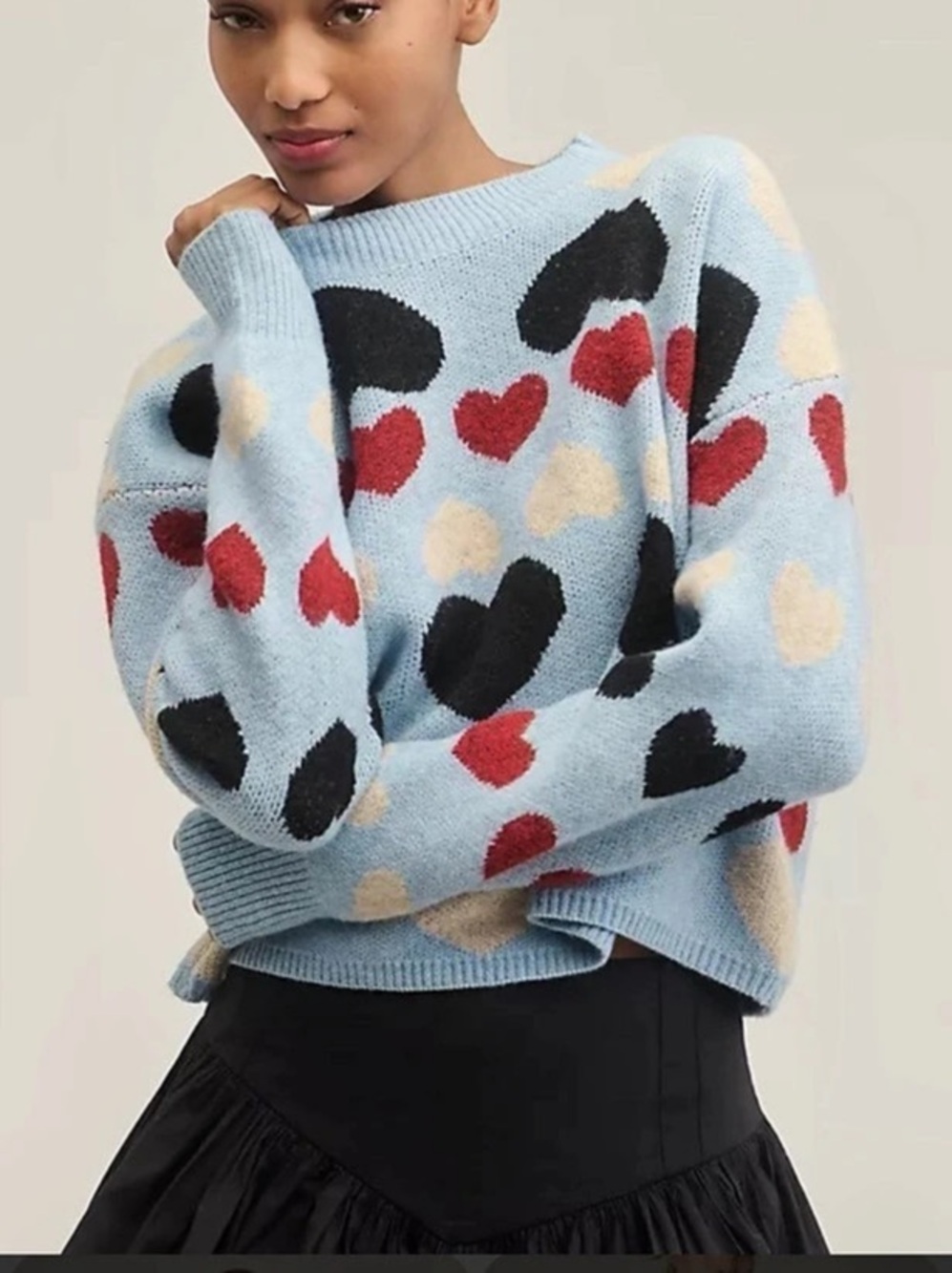 Anthropologie English Factory Heart Icon Pullover Crewneck Sweater Blue L Whimsy